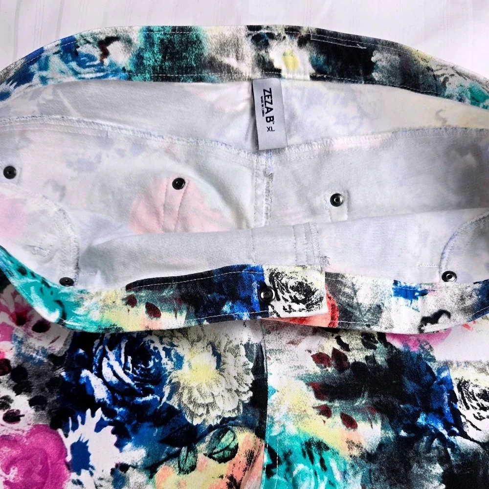 Zeza B Floral Womens Print Mid Rise Pants XL Multi Color Stretch‎ Cotton Blend